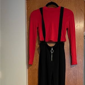 2 pc jumpsuit crop top set Shein red black XS (top) and S (pants) inseam 30”